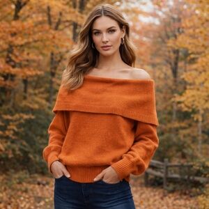 By Anthropologie Off-Shoulder Cotton Blend Sweater Burnt Orange